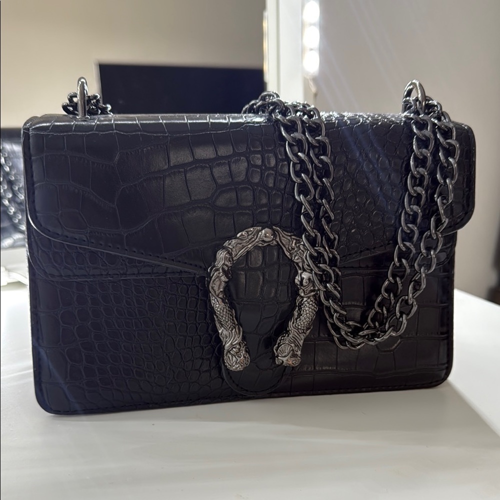 Black Croc-Embossed Chain Shoulder Bag